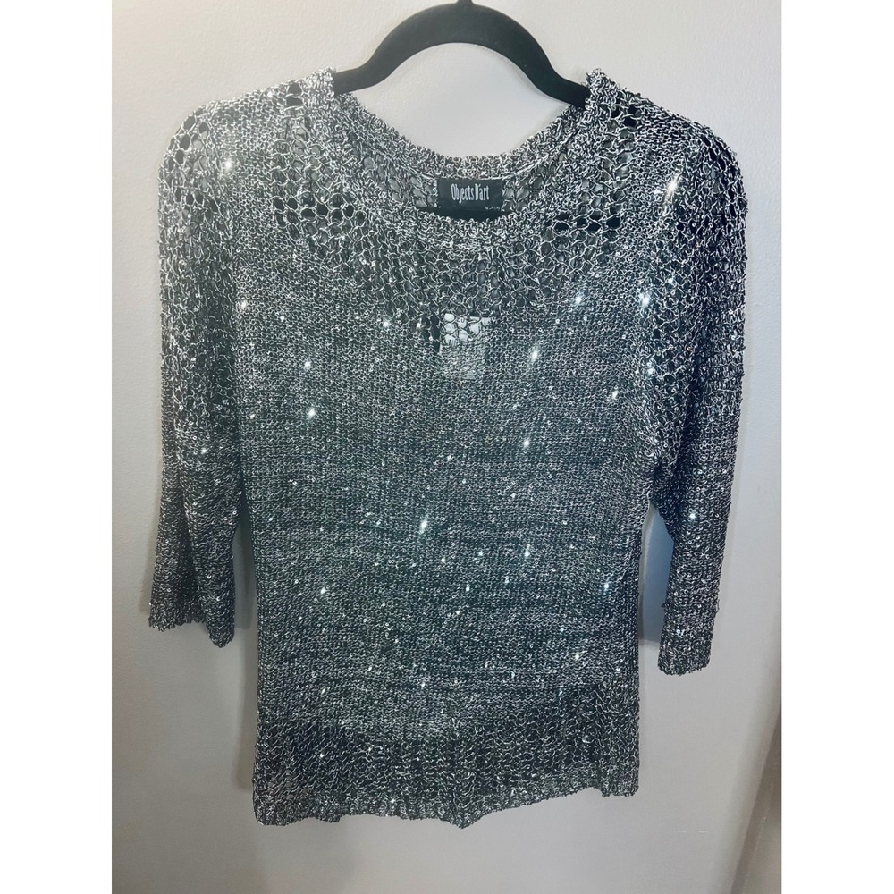 VTG Objects D'art Silver Metallic Glam Gunmetal Open Knit Sequin Top Y2K Party